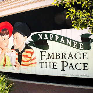 Mural in Nappanee showing two children sharing a milkshake with text "Nappanee Embrace the Pace" on a black and white background.
