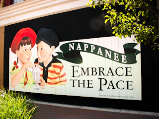 Mural in Nappanee showing two children sharing a milkshake with text "Nappanee Embrace the Pace" on a black and white background.